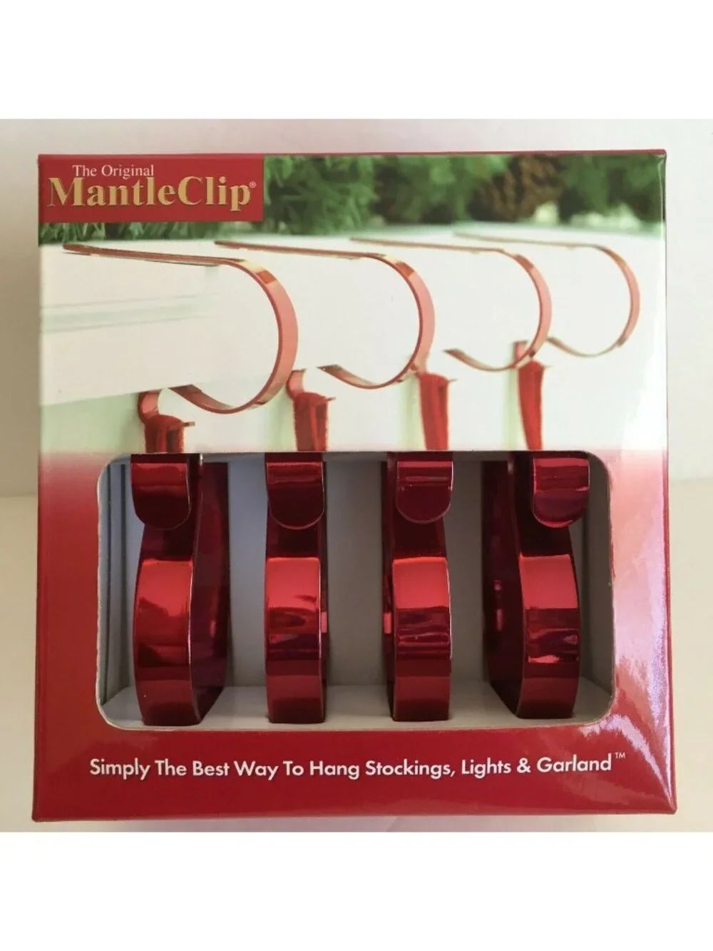 The Original Mantle Clip Set 4 Red Chrome Christmas Stocking Hangers Holders